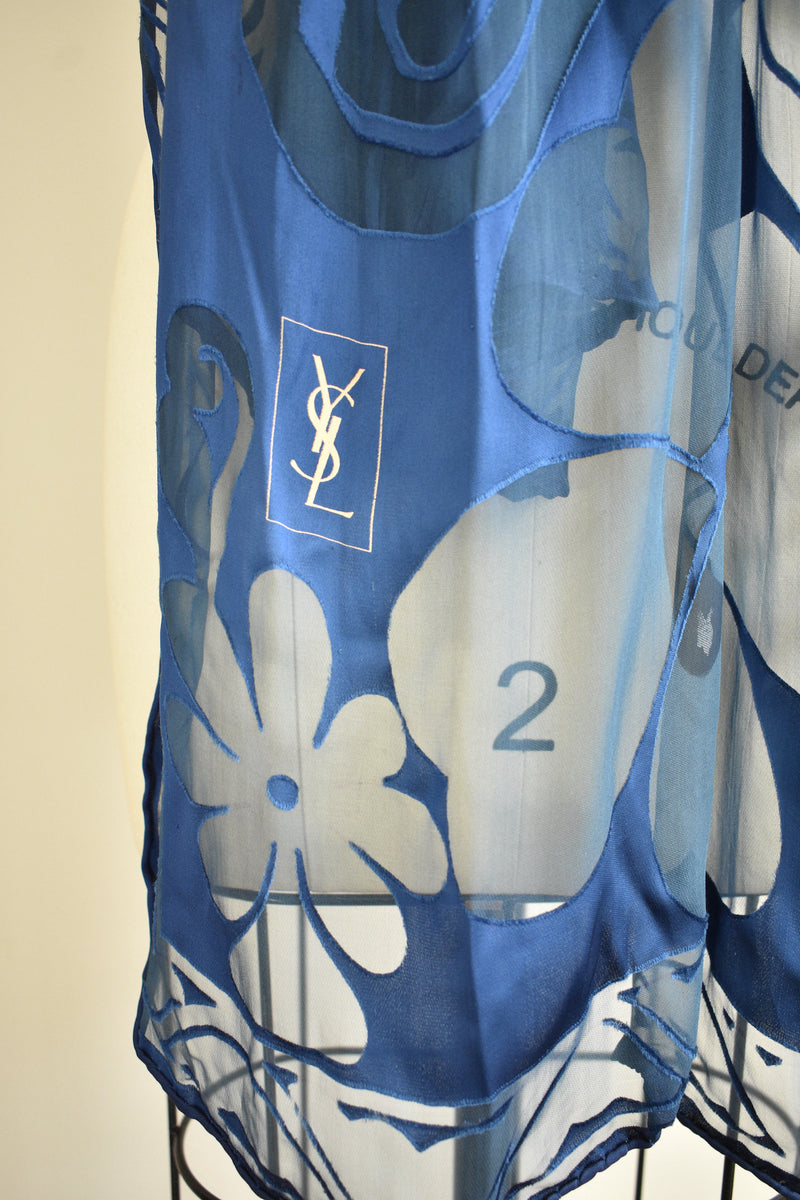 Vintage Yves Saint Laurent  Blue Floral Sheer Scarf