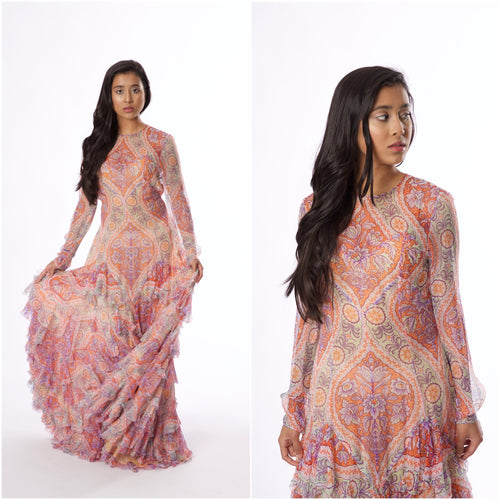 Rental or Purchase Multicolored Floral Motif Sheer Long Sleeve Gown - Vintage World Rocks - 1