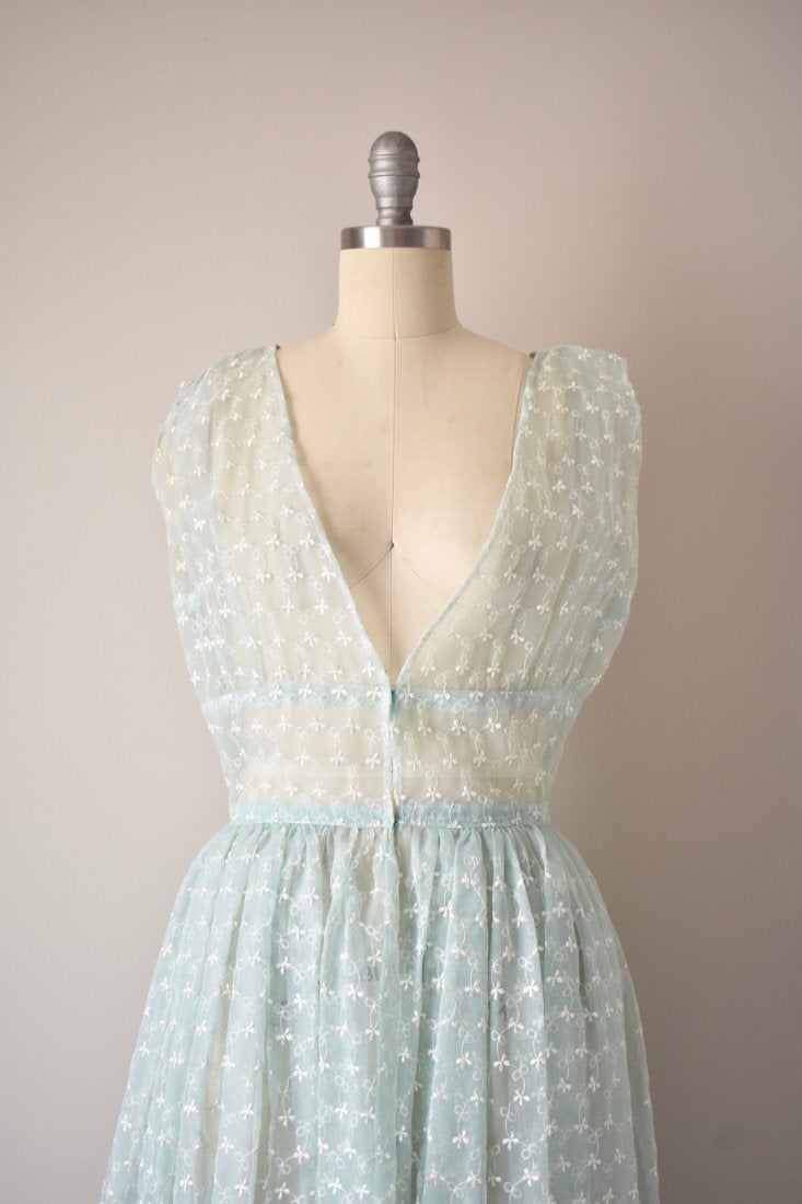 Vintage 1950s Blue Floral Sheer Dress