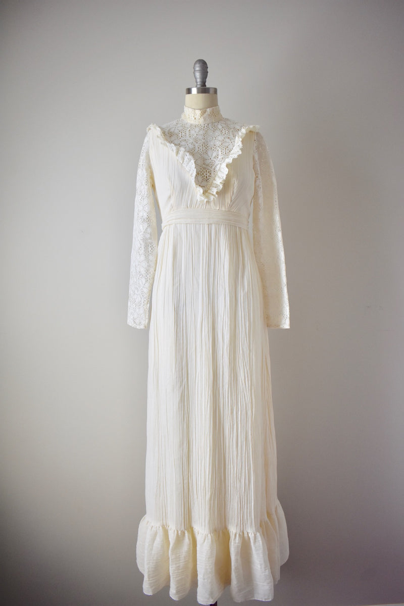 Vintage 1980s Cotton Guaze Crochet Lace Gown