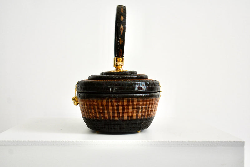 Vintage 1940 Miniature Black Wicker Handbag