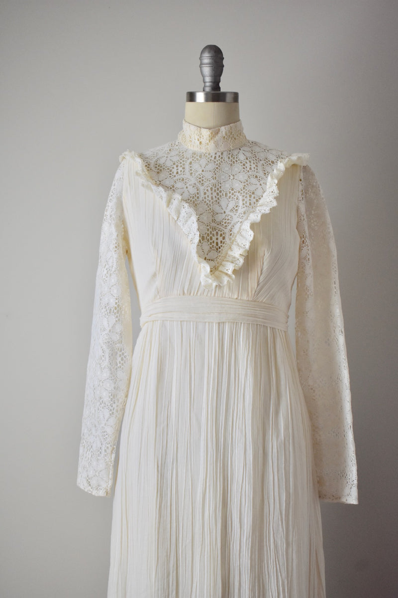 Vintage 1980s Cotton Guaze Crochet Lace Gown