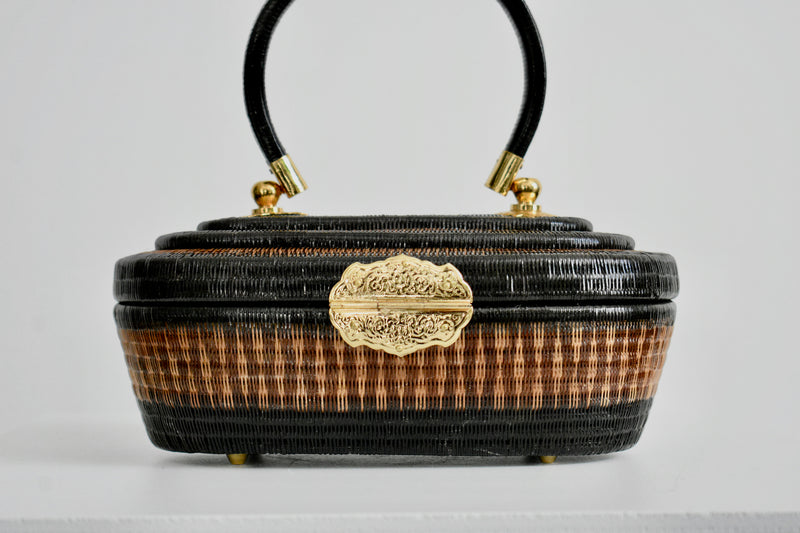 Vintage 1940 Miniature Black Wicker Handbag