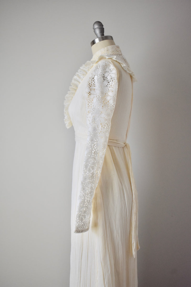 Vintage 1980s Cotton Guaze Crochet Lace Gown