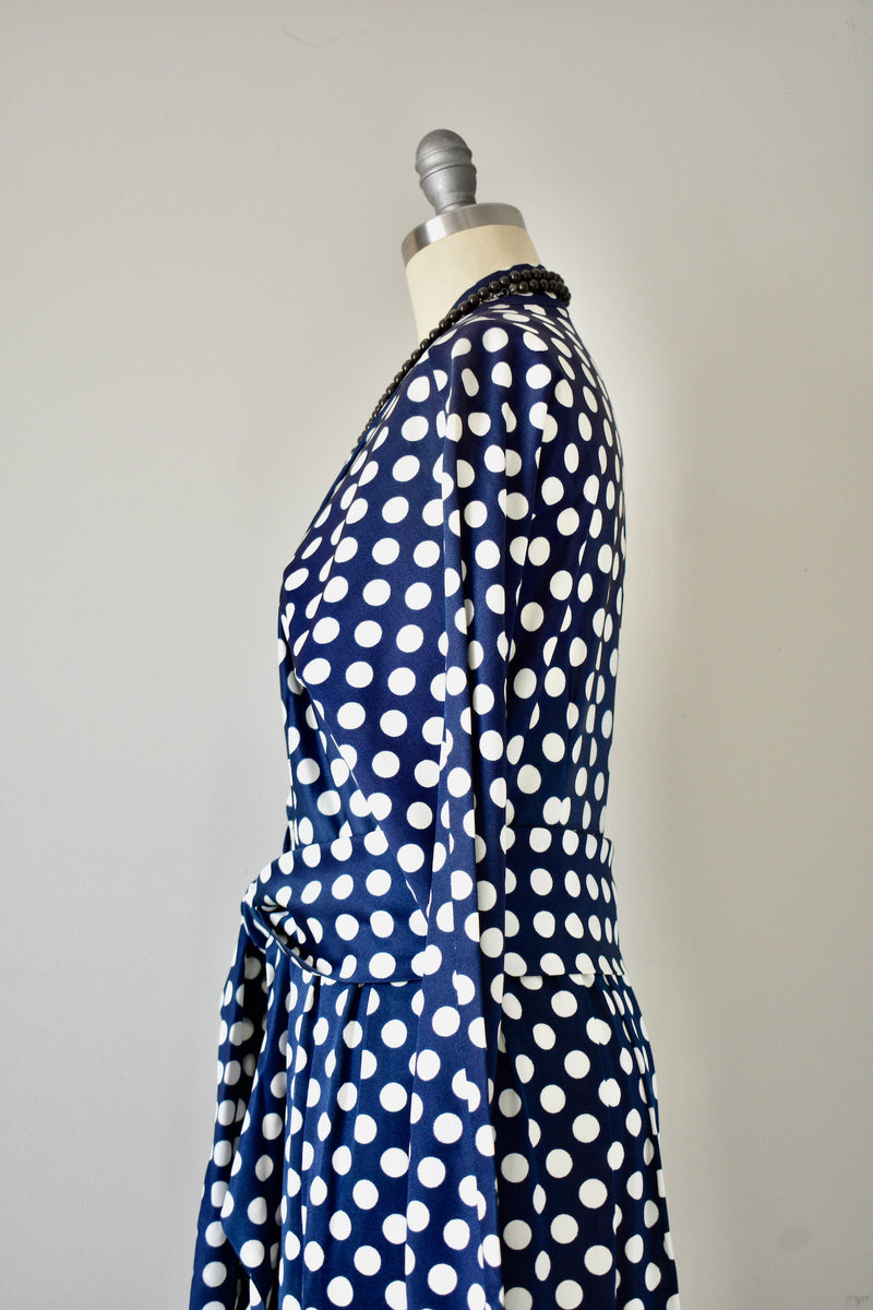 Vintage 1970s Lillie Rubin Polka Dot Navy Blue Dress