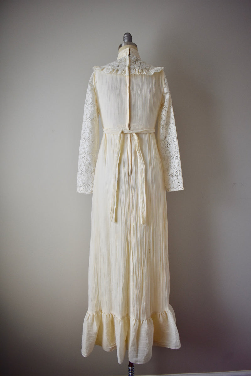 Vintage 1980s Cotton Guaze Crochet Lace Gown