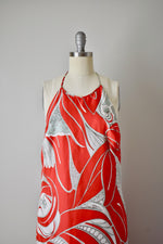 Vintage 1960s Natalie Collet Red Handkerchief Silk Halter Gown