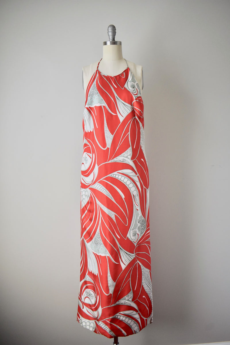 Vintage 1960s Natalie Collet Red Handkerchief Silk Halter Gown