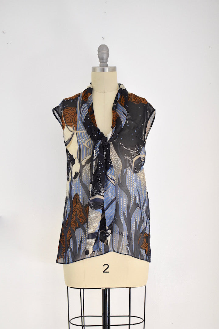 Gucci (I38) Sheer Silk Sleeveless Ocean Sea Reef Dolphin Bubble Print Blouse Top