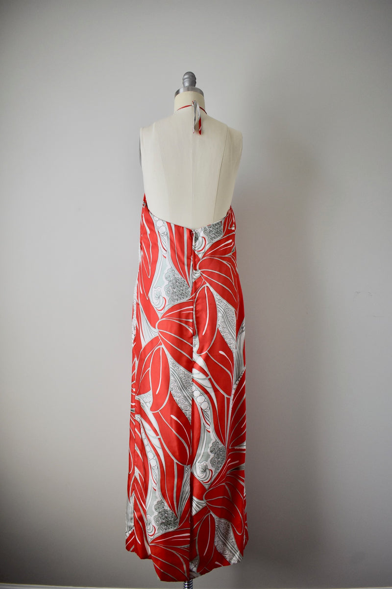 Vintage 1960s Natalie Collet Red Handkerchief Silk Halter Gown