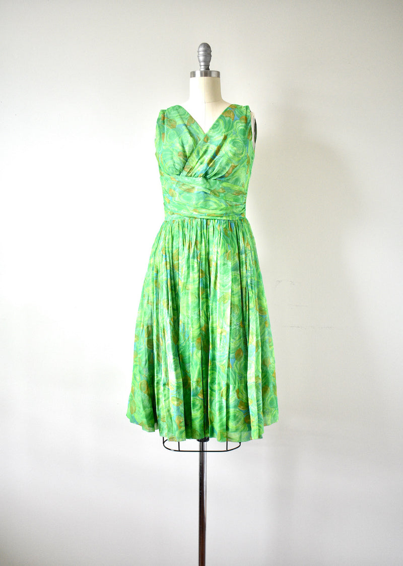 1950s Green Floral Chiffon Dress