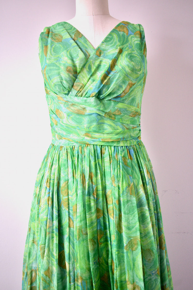 1950s Green Floral Chiffon Dress