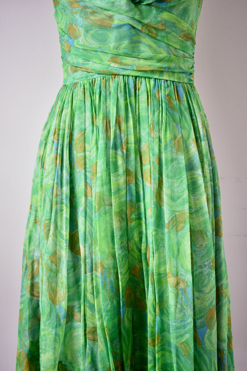 1950s Green Floral Chiffon Dress