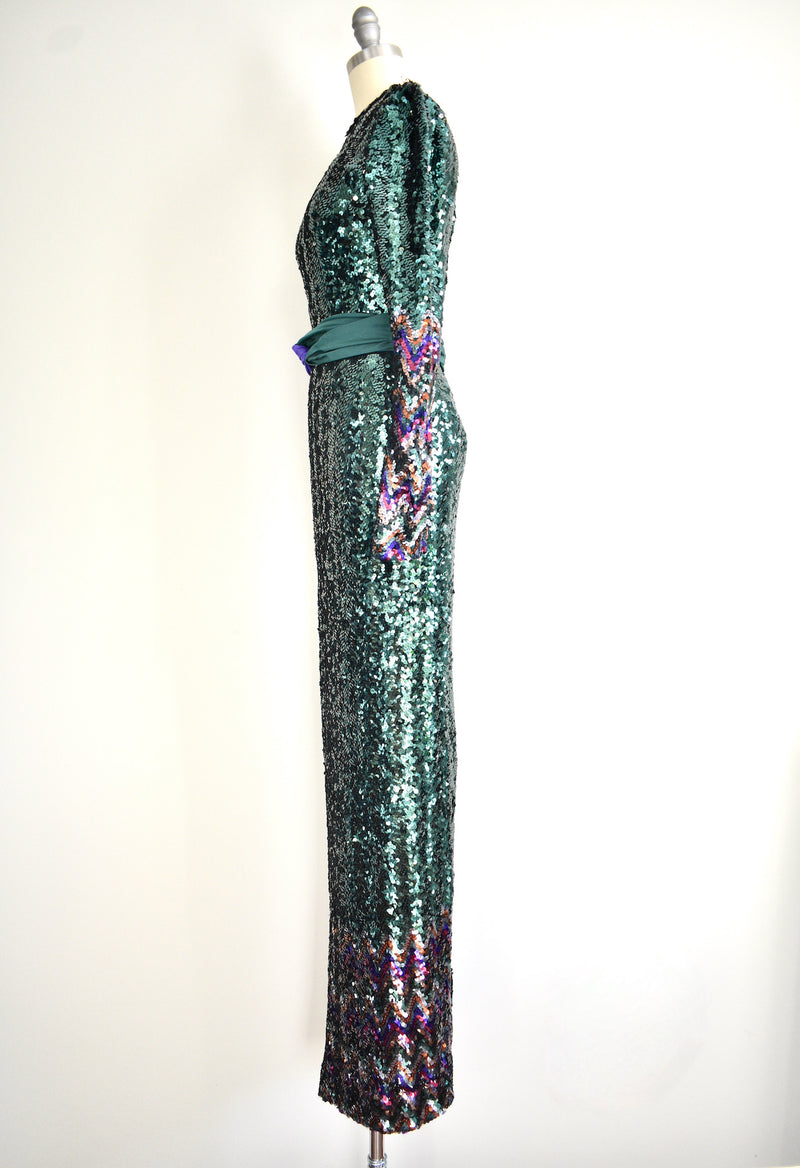 1970 Vintage Glam Multicolor Long Sequin Evening Dress