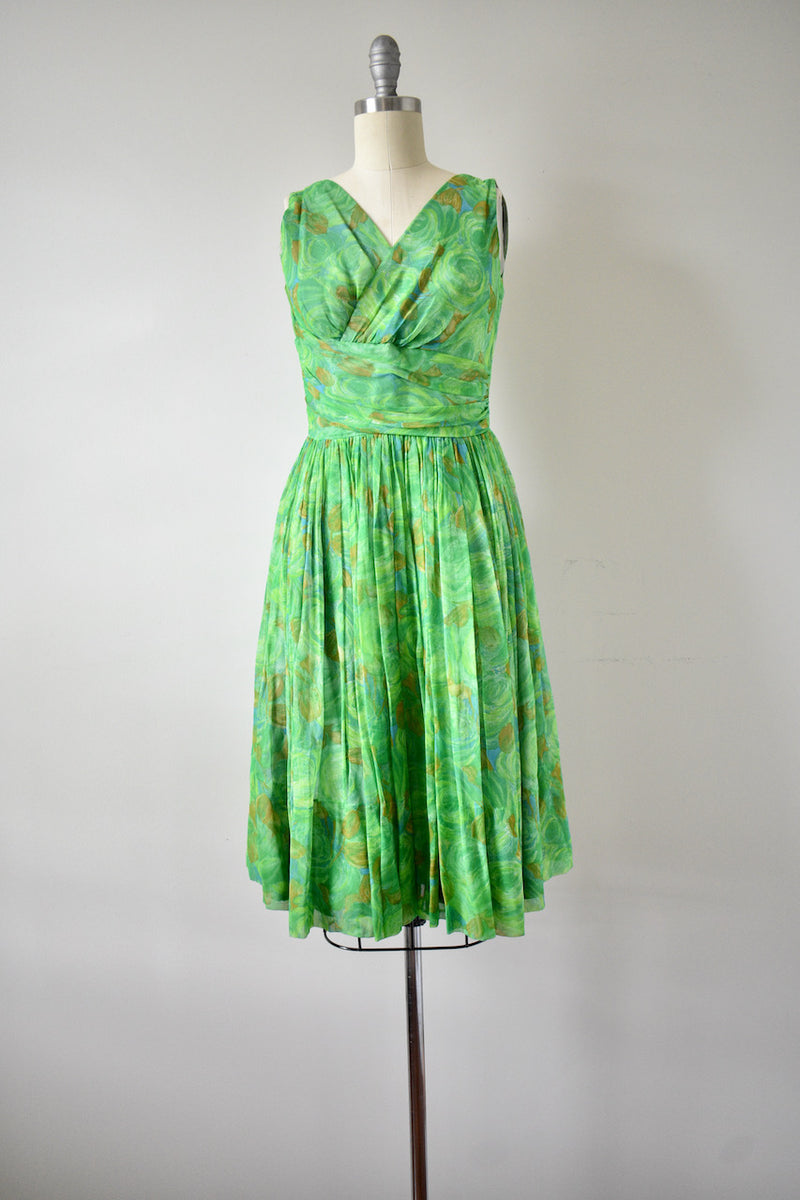 1950s Green Floral Chiffon Dress
