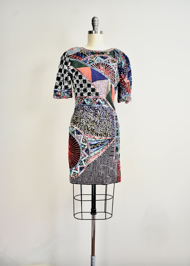 Vintage 1990 Multicolor Silk Beaded Dress