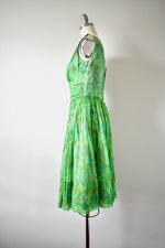 1950s Green Floral Chiffon Dress