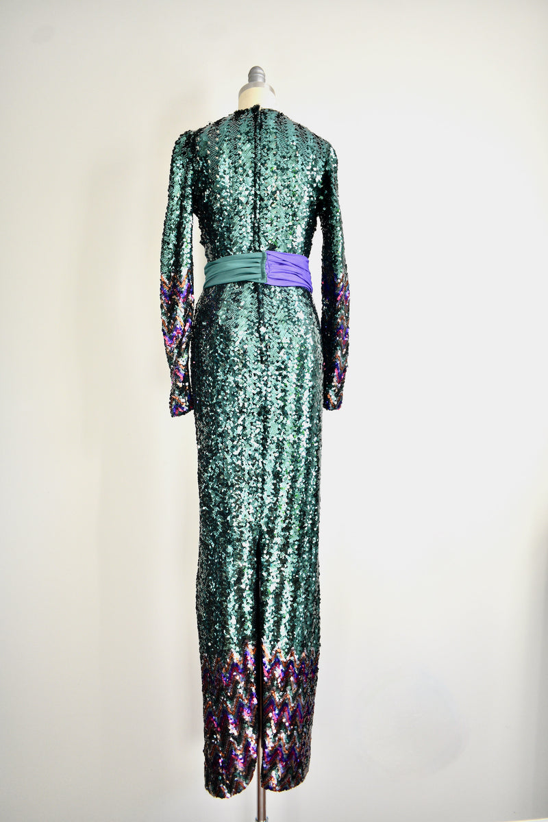 1970 Vintage Glam Multicolor Long Sequin Evening Dress