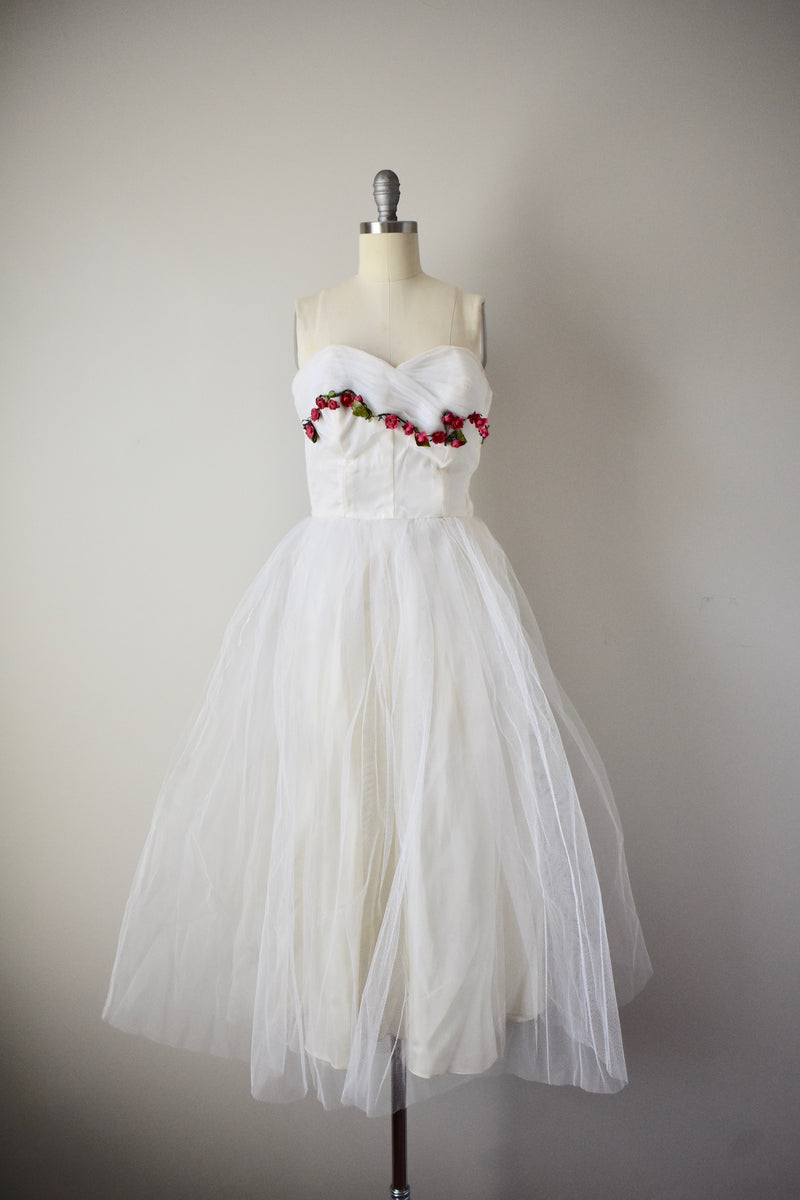 Vintage 1950s White Rosette Tulle Dress