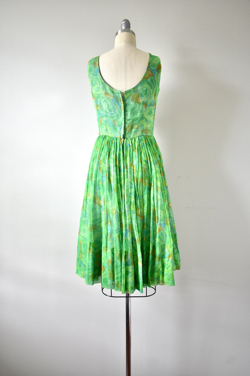 1950s Green Floral Chiffon Dress
