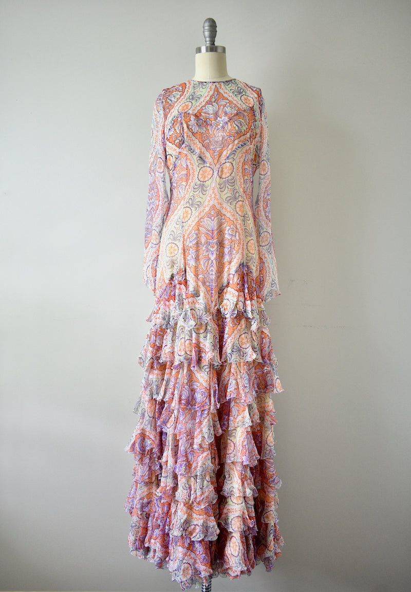 Vintage Multicolored Floral Motif Sheer Long Sleeve Gown