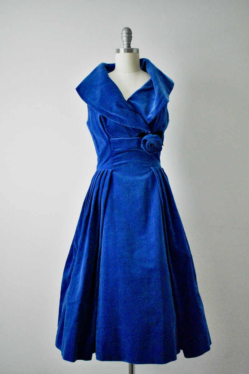 Vintage 1950s Blue Velvet Dress