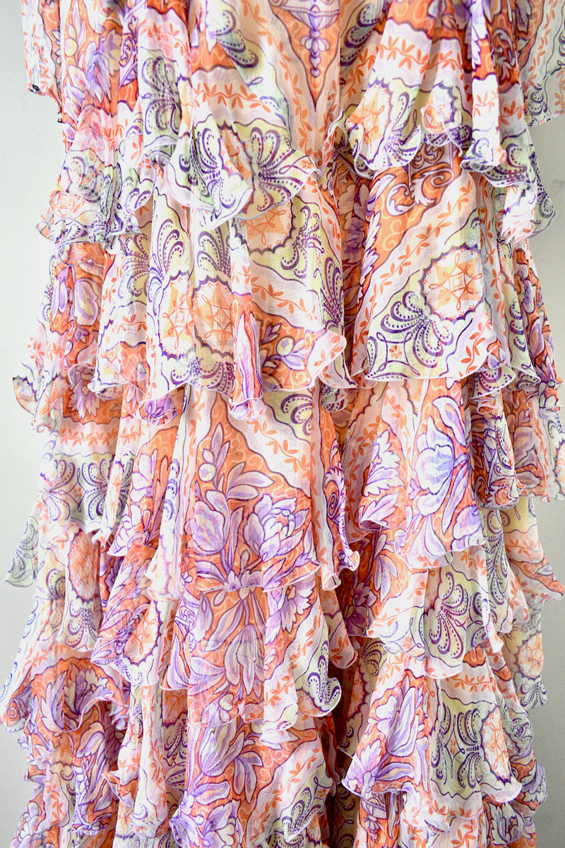 Vintage Multicolored Floral Motif Sheer Long Sleeve Gown