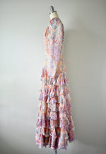 Vintage Multicolored Floral Motif Sheer Long Sleeve Gown