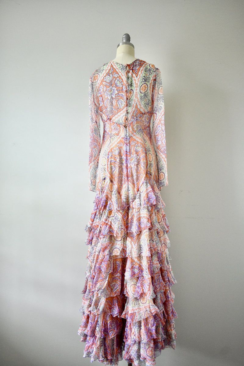 Vintage Multicolored Floral Motif Sheer Long Sleeve Gown