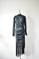 Vintage 1970s Betsy Adam Black Evening Dress with Fringe