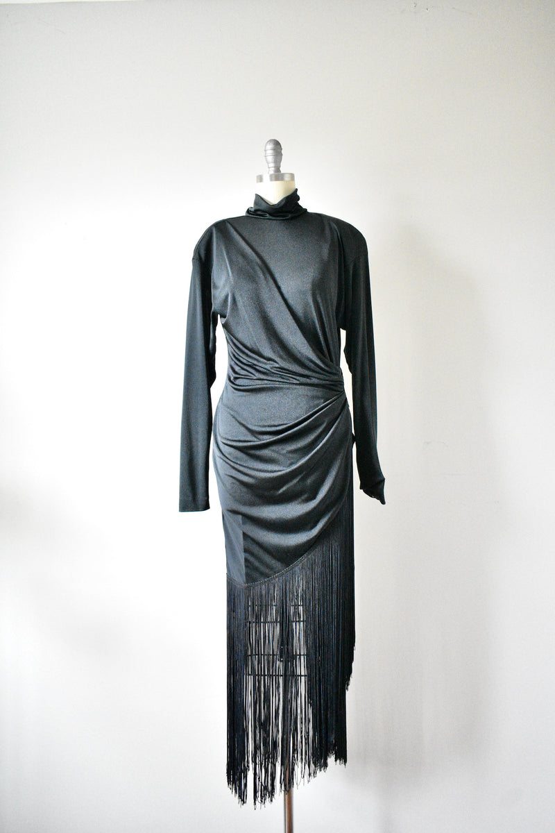 Vintage 1970s Betsy Adam Black Evening Dress with Fringe