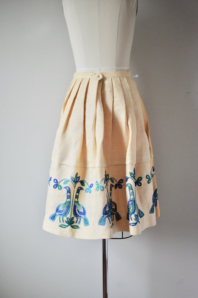 1940s-1950s Loomtog by Jeanne Campbell Beige Burlap Peacock Skirt