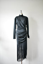 Vintage 1970s Betsy Adam Black Evening Dress with Fringe