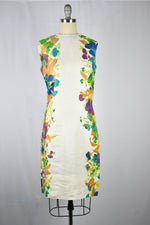 Vintage 1960s Minx Mode White Floral Linen Dress