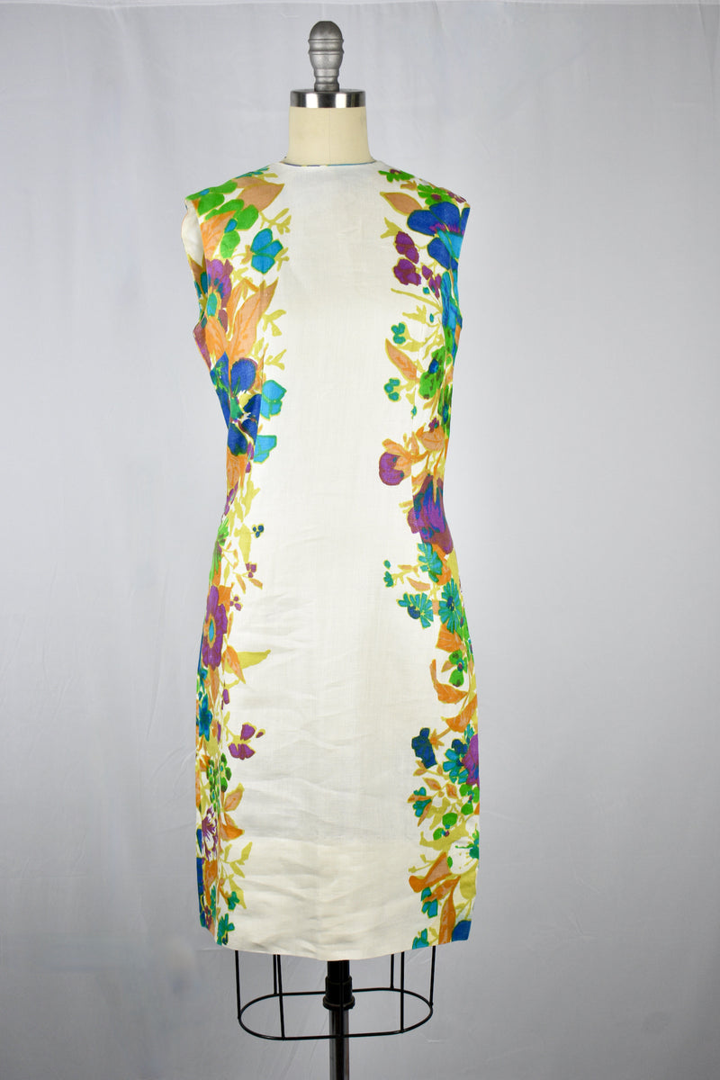 Vintage 1960s Minx Mode White Floral Linen Dress