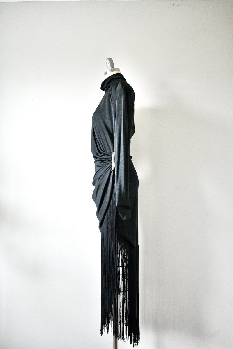 Vintage 1970s Betsy Adam Black Evening Dress with Fringe