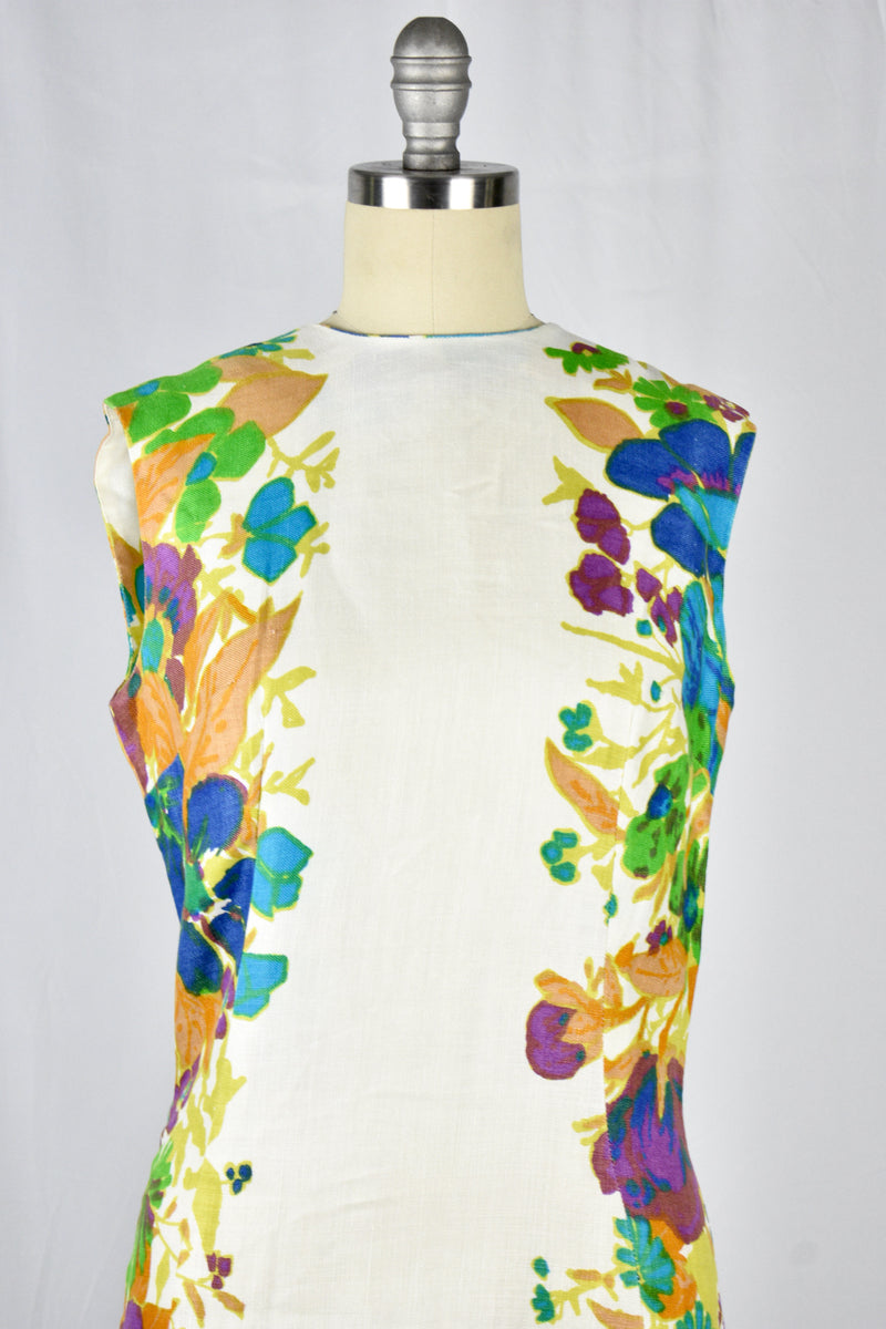 Vintage 1960s Minx Mode White Floral Linen Dress