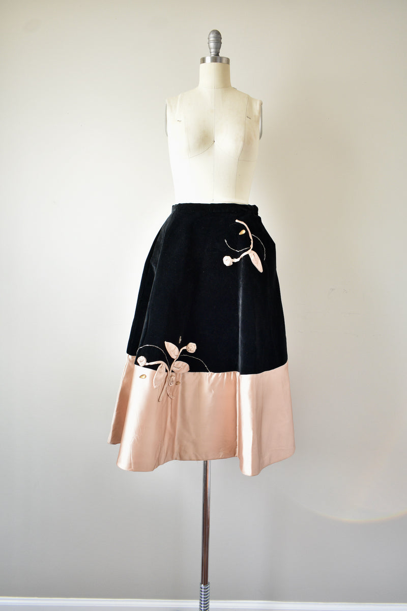 1950 Vintage Black and Gold Velvet Skirt with Embroidery By Ingrid Michelle