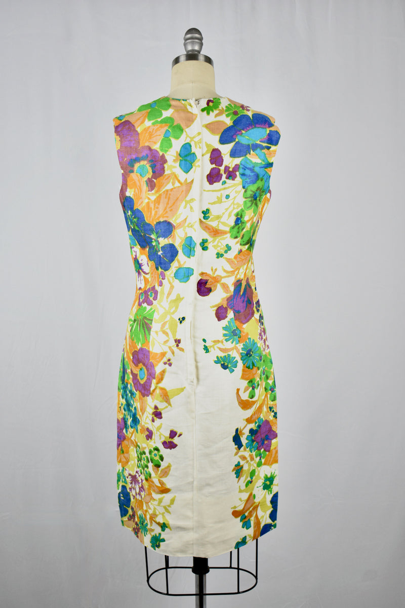 Vintage 1960s Minx Mode White Floral Linen Dress