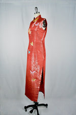 Vintage 1970s Long Red Cheongsam Silk Dress with Slits