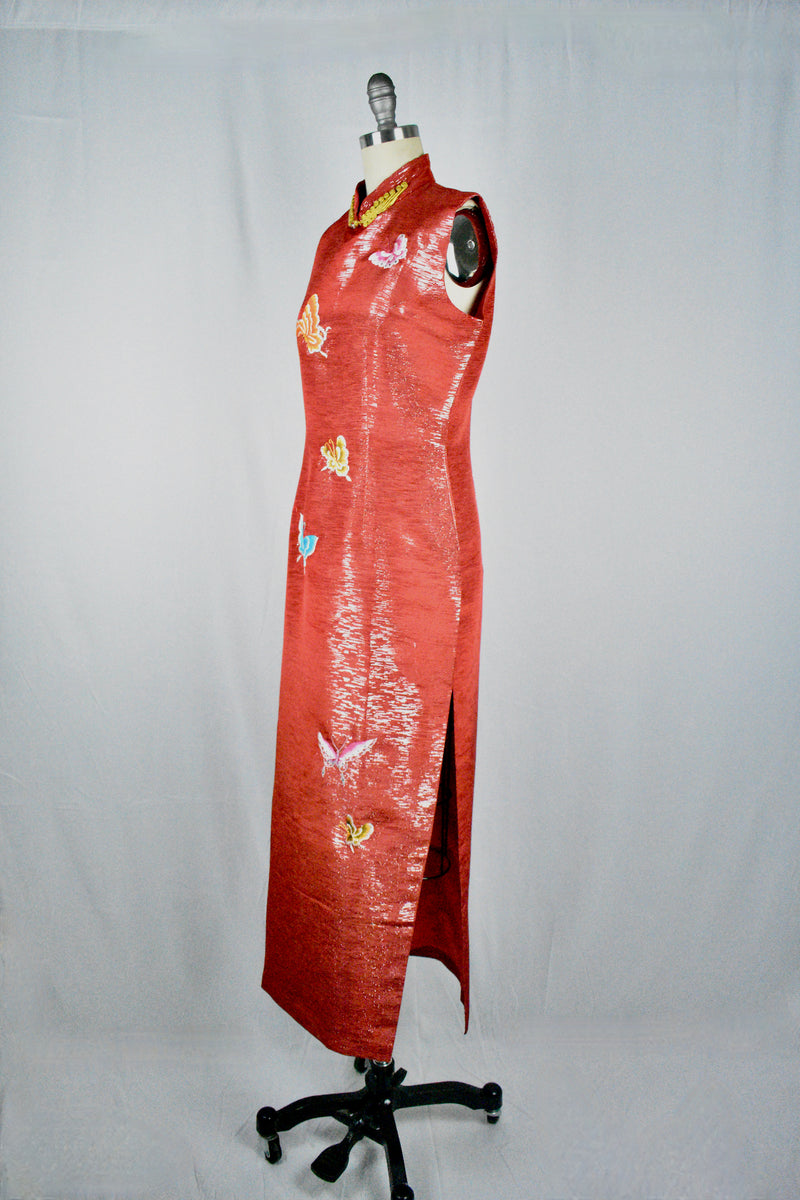 Vintage 1970s Long Red Cheongsam Silk Dress with Slits