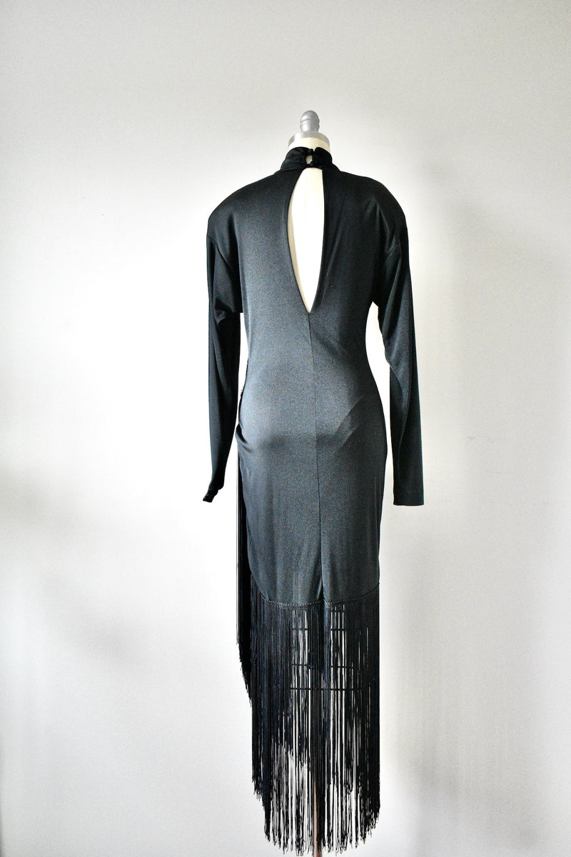 Vintage 1970s Betsy Adam Black Evening Dress with Fringe