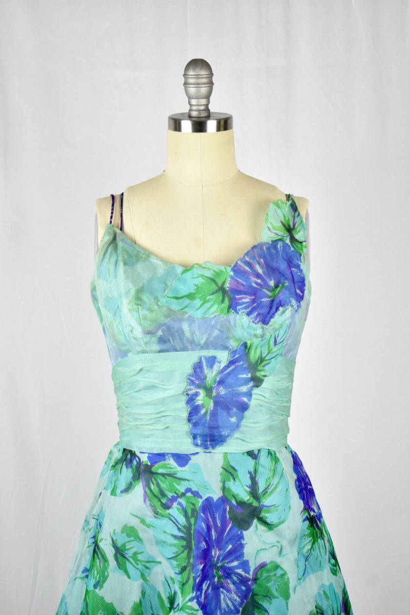 Vintage 1950s Silk Chiffon Green Blue Floral Dress