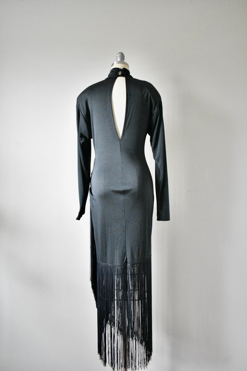 Vintage 1970s Betsy Adam Black Evening Dress with Fringe