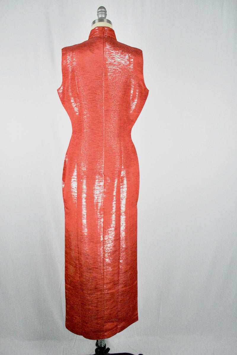 Vintage 1970s Long Red Cheongsam Silk Dress with Slits