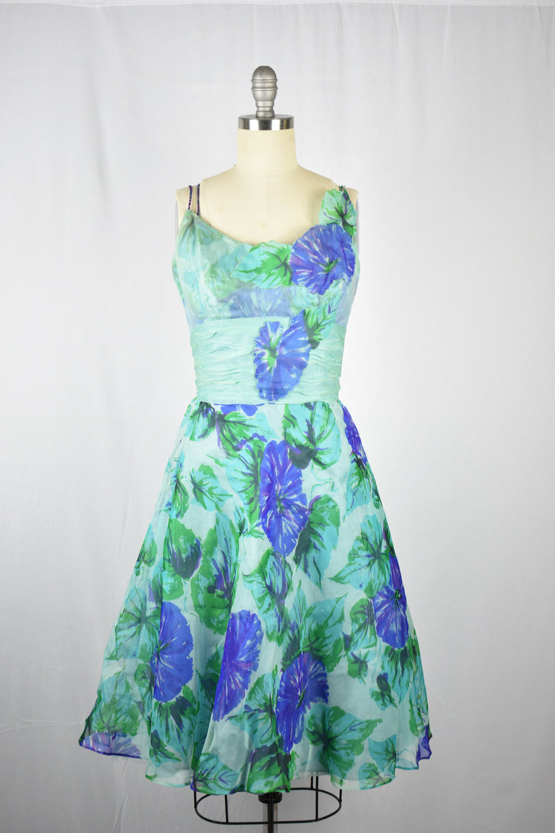 Vintage 1950s Silk Chiffon Green Blue Floral Dress