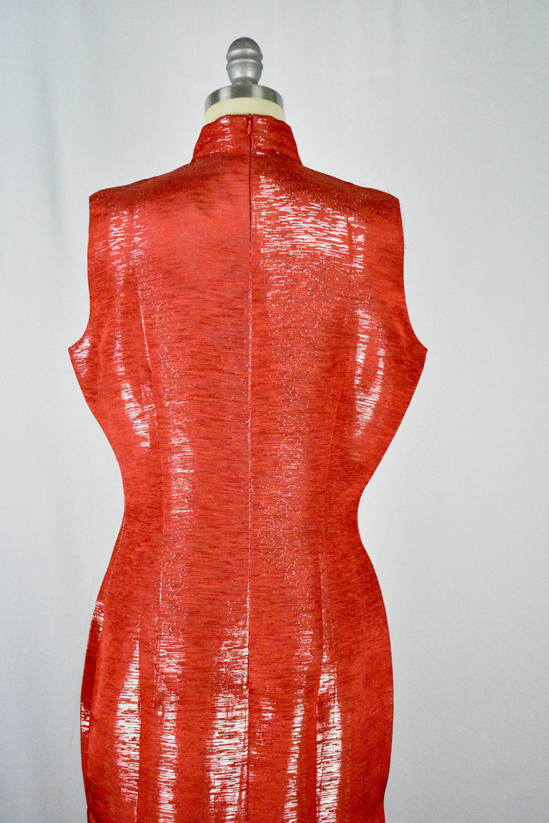 Vintage 1970s Long Red Cheongsam Silk Dress with Slits