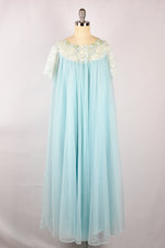 Vintage 1960s Movie Star Ice Blue Penoir Nightgown Set