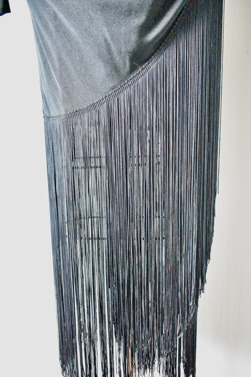 Vintage 1970s Betsy Adam Black Evening Dress with Fringe