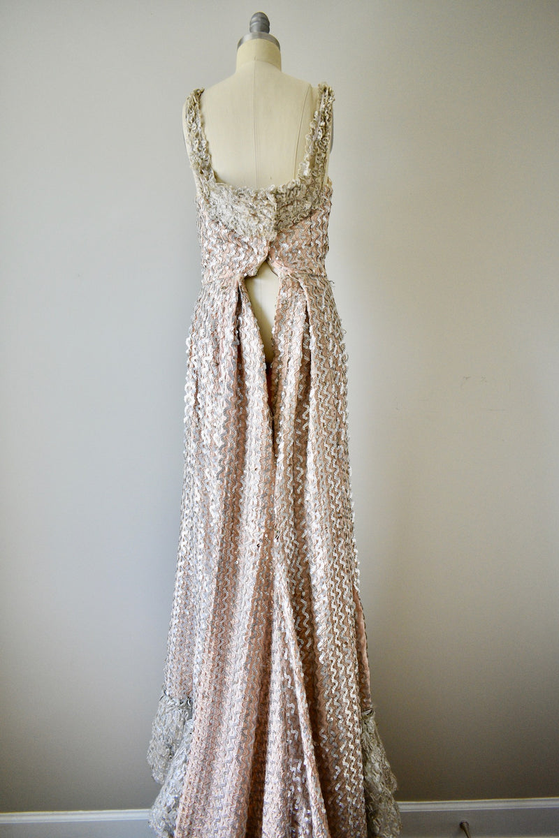 1940s Vintage Hollywood Beige Sequin Gown